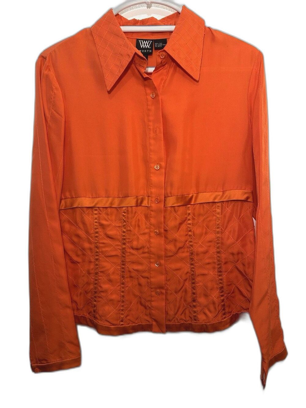 Worth Womens 100% Silk Blouse Size 10 Orange Quilted Button Front Shirt